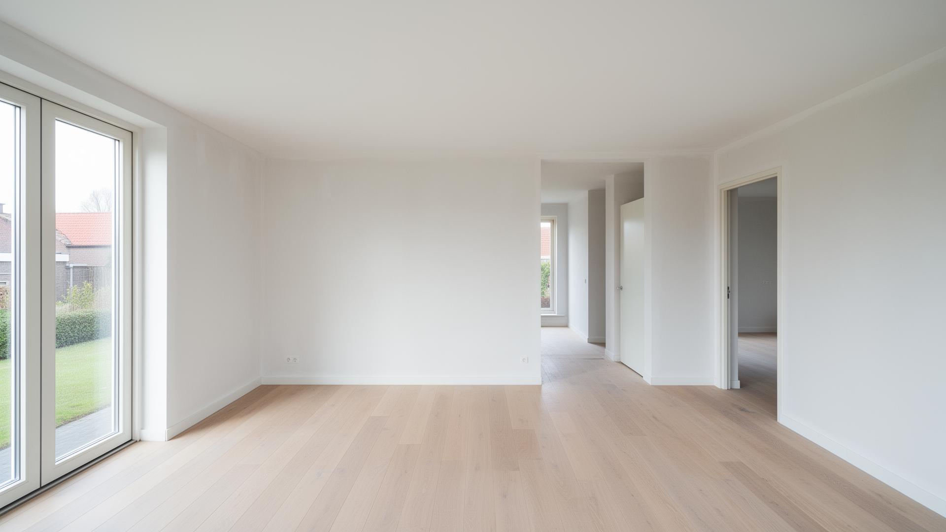 Lege nieuwbouwwoning met strak afgewerkt sausklaar pleisterwerk